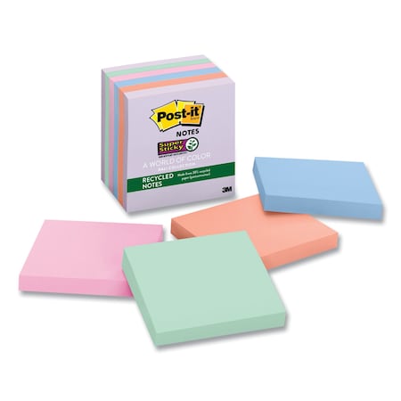 POST-IT Recycled Notes in Wanderlust Pastels Collection Colors, 3 in. x 3 in., 65 Sheets/Pad, 6PK 6546SSNRP